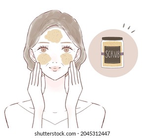 Middle-old woman caring for pores with scrub. On a white background.