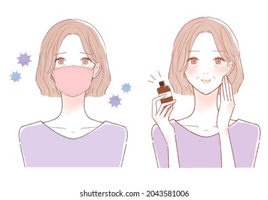 Middle-old woman with cold, corona and flu. Before and after.On a white background.