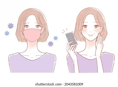 Middle-old woman with cold, corona and flu. Before and after.On a white background.