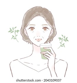 Middle-old woman drinking cold tea. On a white background.