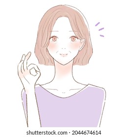 Middle-old woman inging OK sign. On a white background.
