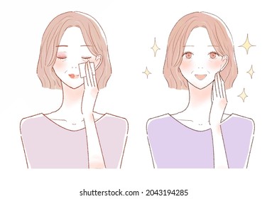 Middle-old woman with makeup remove. Before and after.On a white background.