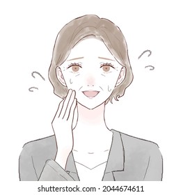 Middle-old woman in suit dingy laughing. On a white background.