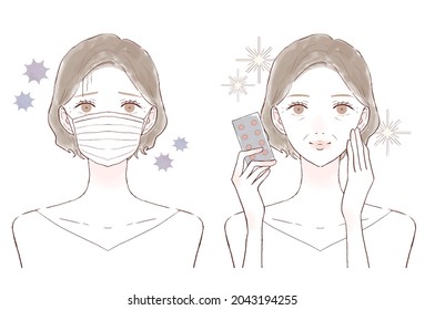 Middle-old woman with tablet type supplement. Before and after. On a white background.