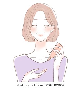 Middle-old woman taking moisturizing cream in her hand. On a white background.