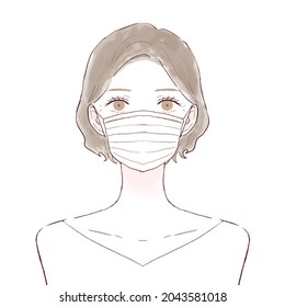 Middle-old woman wearing nonwoven mask. On a white background.