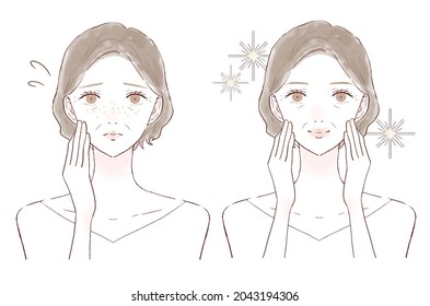 Middle-old woman who cares about freckles. Before and after.On a white background.