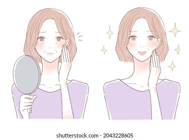 Middle-old woman who cares about wrinkles. Before and after.On a white background.