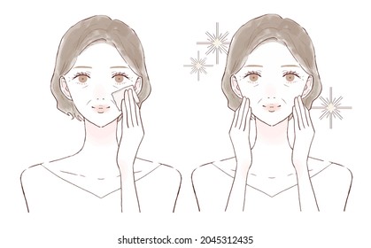 A middle-old woman's before and after taking facial sebum with aburabi paper. On a white background.