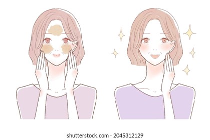 A middle-old woman's before-and-after who cares for her pores with scrubbing. On a white background.