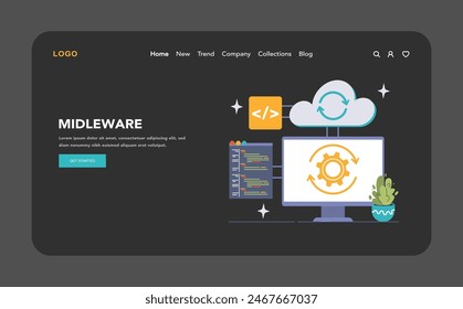 Middleware concept with cloud computing graphic and code symbol on a desktop setup, depicting software layer facilitating communication and data management. Flat vector illustration