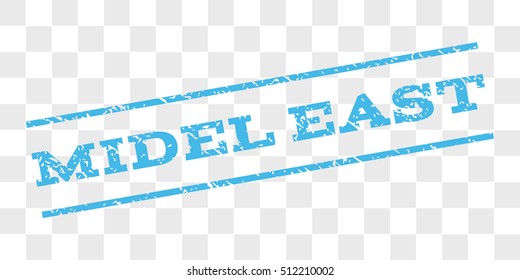 Midel East watermark stamp. Text caption between parallel lines with grunge design style. Rubber seal stamp with dirty texture. Vector light blue color ink imprint on a chess transparent background.