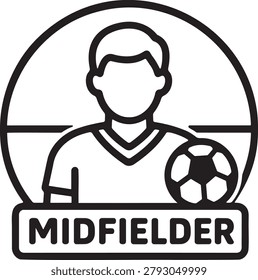 Midfielder soccer player icon with ball in a minimalist black and white line art vector style design.