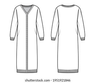 Midi cardigan technical fashion illustration with rib V- neck, long sleeves, oversized, mid-calf length, knit trim. Flat Sweater apparel front, back, white color style. Women, men unisex CAD mockup