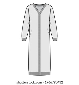 Midi cardigan technical fashion illustration with rib V- neck, long sleeves, oversized, mid-calf length, knit trim. Flat Sweater apparel front, grey color style. Women, men unisex CAD mockup