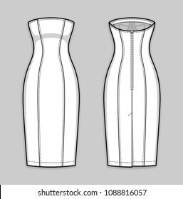 Midi close-fitting dress with panel lines, strapless straight across neckline, back zip clasp, kick pleat. Bodycon dress. Back and front. Technical flat sketch. Vector illustration.