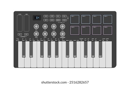 Controlador MIDI. Sintetizador portátil, teclado de duas oitavas, tambor pads e botões. Para produção de música, criação de som, músico e DJ.