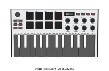 Controlador MIDI. Sintetizador portátil, teclado de duas oitavas, tambor pads e botões. Para produção de música, criação de som, músico e DJ.