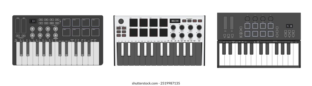 Conjunto de controladores MIDI. Três sintetizadores portáteis, teclado, tambor pads e botões. Para produção de música, criação de som, músico e DJ.