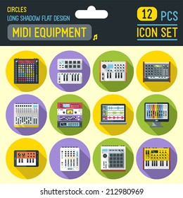 Midi controllers flat long shadow circle icon set. Vector trendy illustrations. 