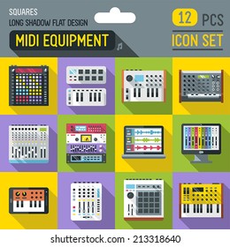 Midi controllers flat long shadow square icon set. Vector trendy illustrations. 