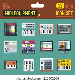 Midi controllers flat long shadow icon set. Vector trendy illustrations. 