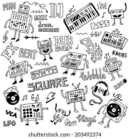 Midi controllers synthesizers doodles. Contemporary electronic music set. Hand drawn vector illustration.
