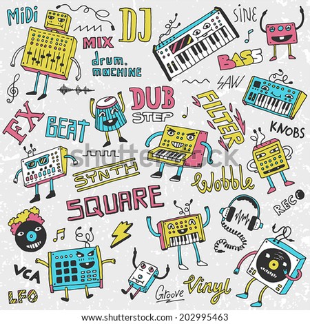 Midi controllers synthesizers doodles. Contemporary electronic music set. Hand drawn vector illustration.