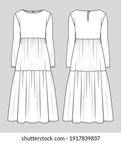 Midi Dress. Fashion Sketch. Vector Illustration. Flat Technical Drawing. Mockup Template.