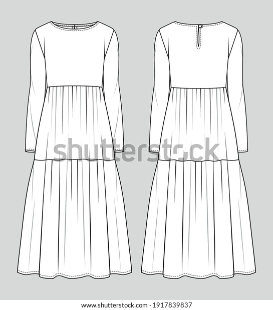 Midi dress. Fashion sketch. Vector\
illustration. Flat technical drawing. Mockup\
template.