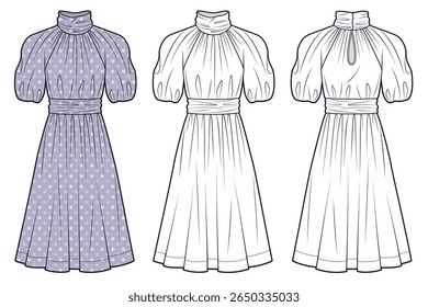 Midi Dress technical fashion illustration, polka dot design. High Neck Dress fashion flat technical drawing template, puff sleeve, front and back view, white, lilac, women Dress CAD mockup set.