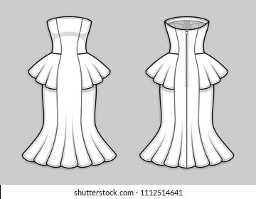 Midi fitted trumpet dress with strapless straight across neckline, peplum waist, back zip clasp. Gored bodycon sleeveless dress with flared hemline. Back and front. Technical flat sketch, vector.