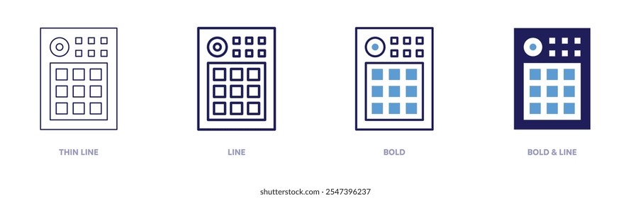 Midi icon in 4 different styles. Thin Line, Line, Bold, and Bold Line. Duotone style. Editable stroke.