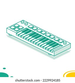 Midi Keyboard with Pads and Faders. Isometric Outline Concept. Vector Illustration. Object Isolated on White.