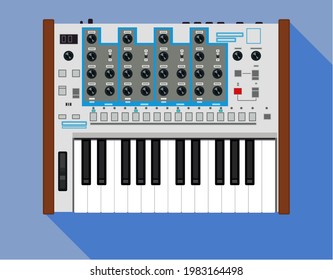 Midi keyboard. Realistic little synths. Analog sound illustration. Electronic music controller. USB equipment. 25key. Professional musical instruments. Synthesizers set. Picture for T-shirts.
