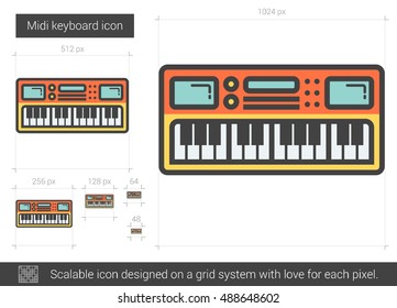 Midi-Tastatur, Vektorsymbol einzeln auf weißem Hintergrund. Midi Keyboard Line Icon für Infografik, Website oder App. Skalierbares Symbol, das auf einem Gittersystem entworfen wurde.