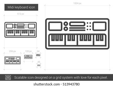 Midi keyboard vector line icon isolated on white background. Midi keyboard line icon for infographic, website or app. Scalable icon designed on a grid system.