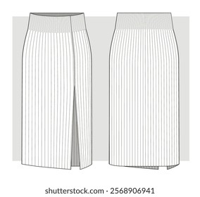 Midi knitted Skirt with front slit. Technical sketch. Vector illustration.