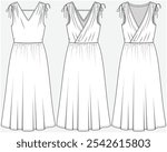 MIDI LENGTH DRESS WITH WRAP AND SHOULDER TIE UP DETAIL DESIGNED FOR YOUNG WOMEN AND WOMEN IN VECTOR FILE