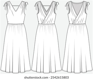 MIDI LENGTH DRESS WITH WRAP AND SHOULDER TIE UP DETAIL DESIGNED FOR YOUNG WOMEN AND WOMEN IN VECTOR FILE