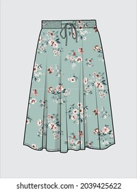 MIDI LENGTH FLORAL SKIRT WITH ELASTICATED WAISTBAND FOR WOMEN AND TEENS IN EDITABLE VECTOR FILE