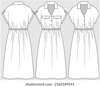 MIDI LENGTH SHIRT DRESS WITH UTILITY POCKET AND MAGYAR SLEEVES DETAIL DESIGNED FOR YOUNG WOMEN AND WOMEN IN VECTOR FILE