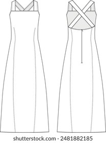 midi loose apron a line dress with straps template technical drawing flat sketch cad mockup wpman fashion design model style