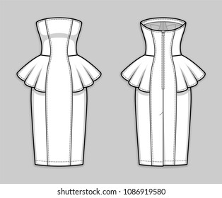 Midi pensil dress with panel lines, strapless straight across neckline, peplum waist, back zip clasp, kick pleat. Bodycon dress. Back and front. Technical flat sketch. Vector illustration.