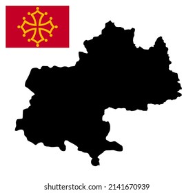 Midi Pyrenees map and flag vector silhouette illustration isolated on white background. France province map. French territory. France map region province. Midi Pyrenees flag.