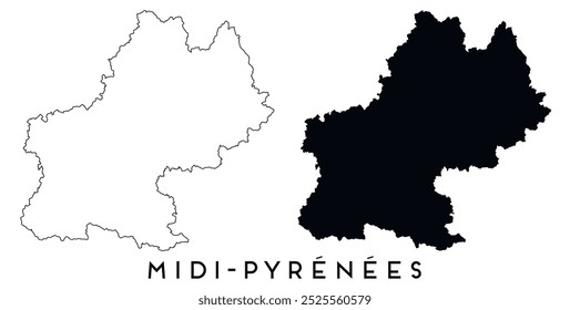 Midi Pyrenees map outline and black silhouette vector