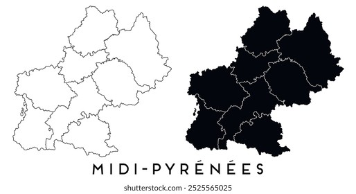 Midi Pyrenees map of regions districts vector black on white and outline