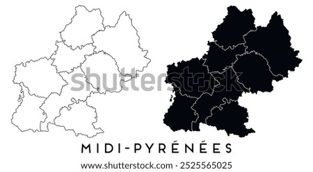 Midi Pyrenees map of regions districts vector black on white and outline