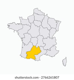 Midi Pyrenees Region Highlighted on Administrative Map of France