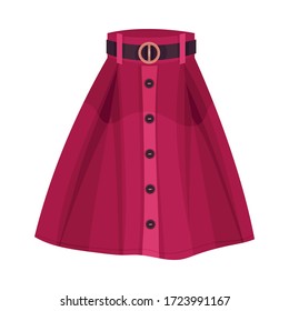Midi Red Buttoned Flared Skirt with Belt and High Waist Isolated on White Background Front View Vector Illustration